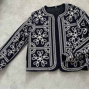 Black and White Floral Embroidered-look Jacket